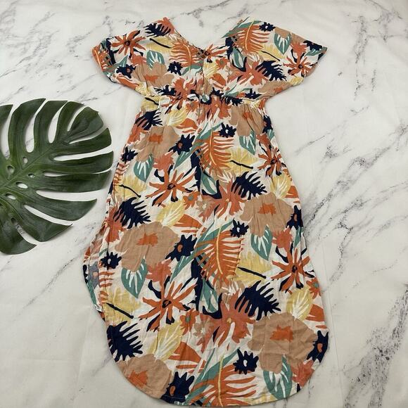 Roxy Womens Floral Midi Dress Size M Orange Blue Tropical Sheath Cover Up - Picture 6 of 9